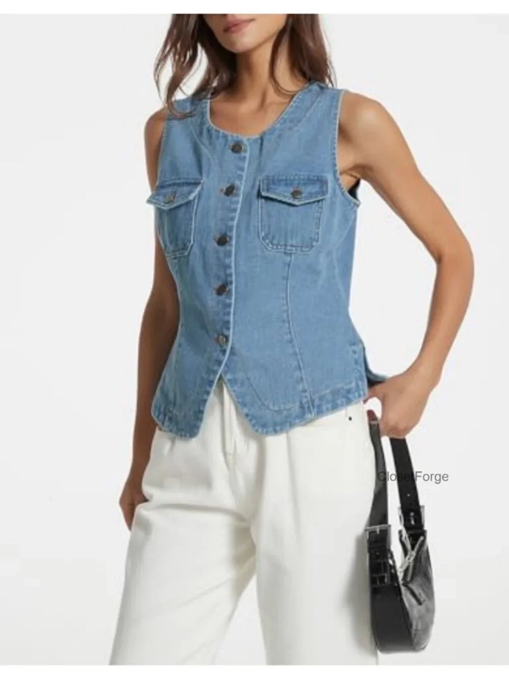 Women's Sleeveless Denim Vest Button Down Crewneck Casual Summer Western